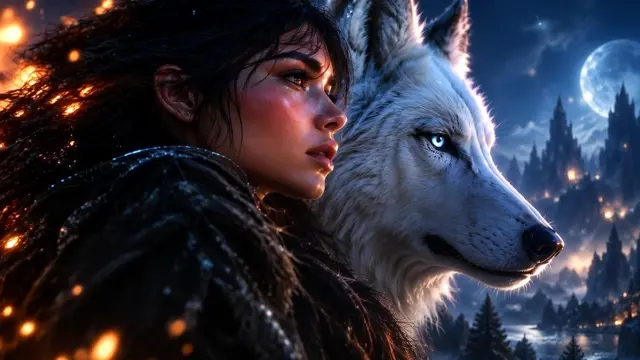 A woman and white wolf in a cinematic fantasy world