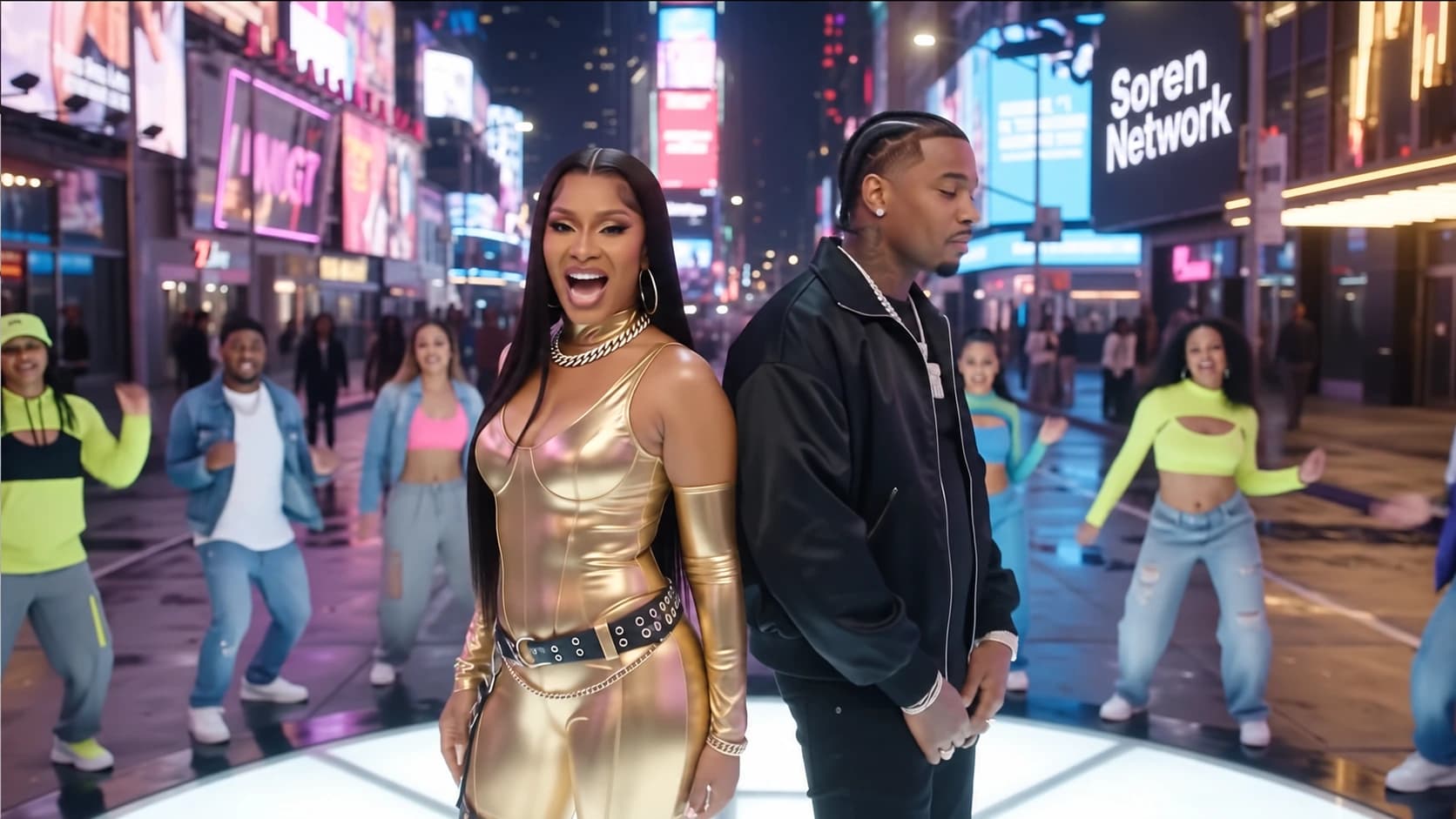 Music video performers under the neon lights of Times Square