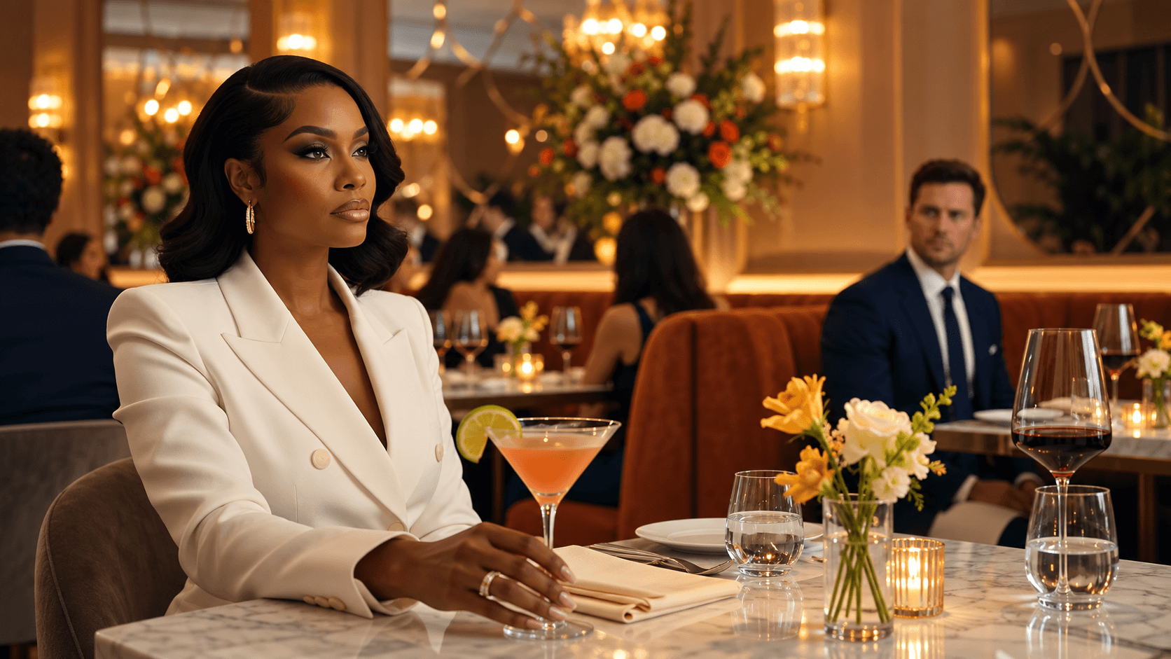 A cinematic portrait in a warmly lit restaurant